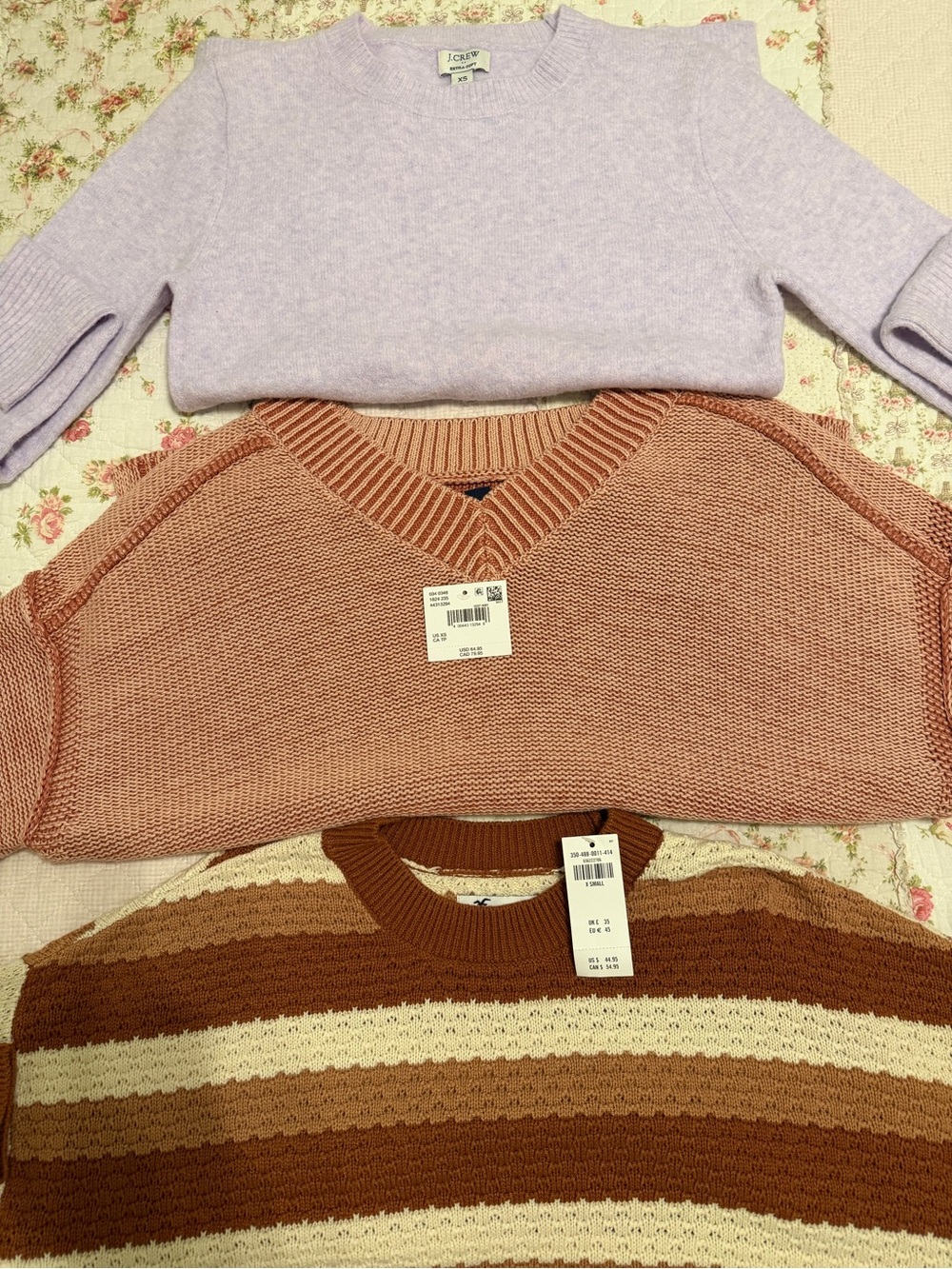 Three new sweaters. J. Crew Trio, American Eagle,and Hollister.